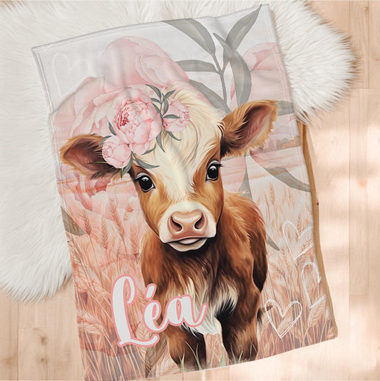 Couverture en minky personnalisée | Vache Rousse et Rose