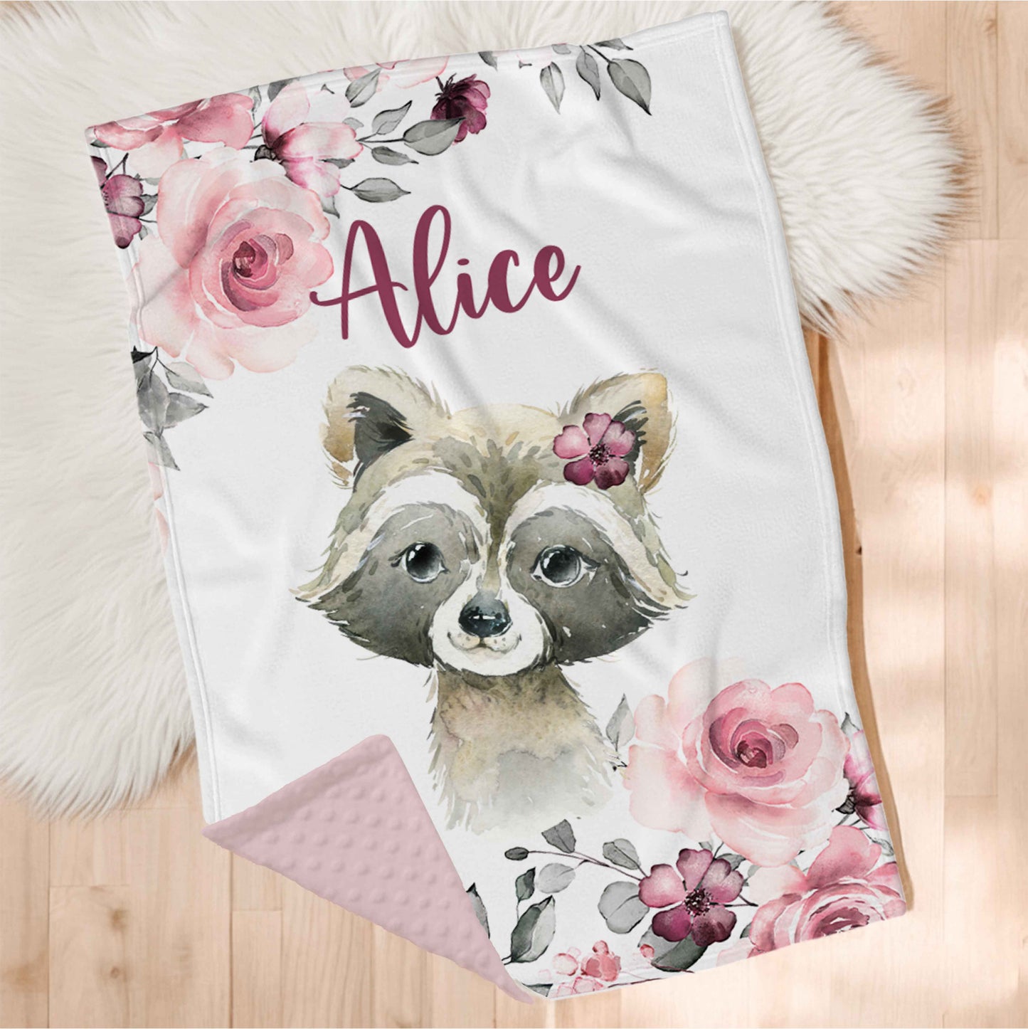 Couverture en minky personnalisée | Animal au choix | Pétales Rosées avec animal