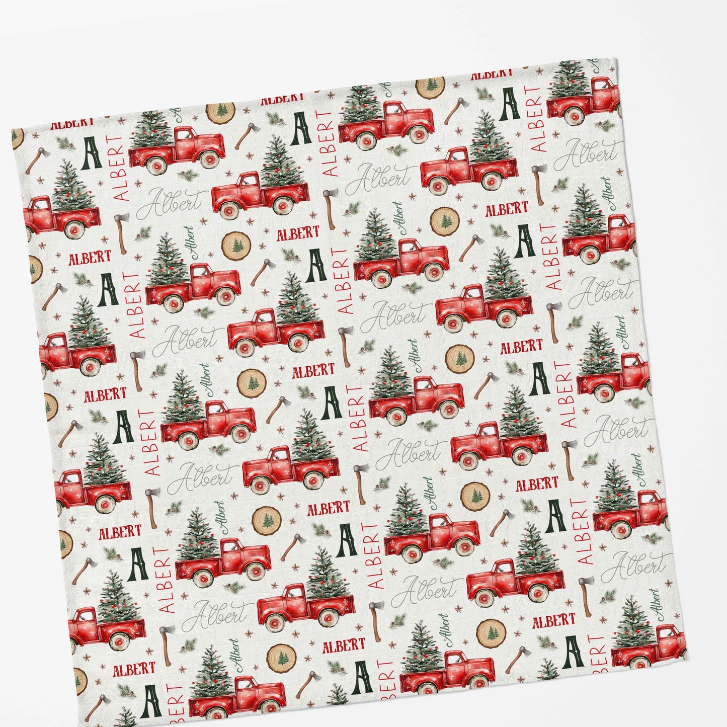 Couverture en mousseline de bambou | Camions rouges et sapins prénom répétitif