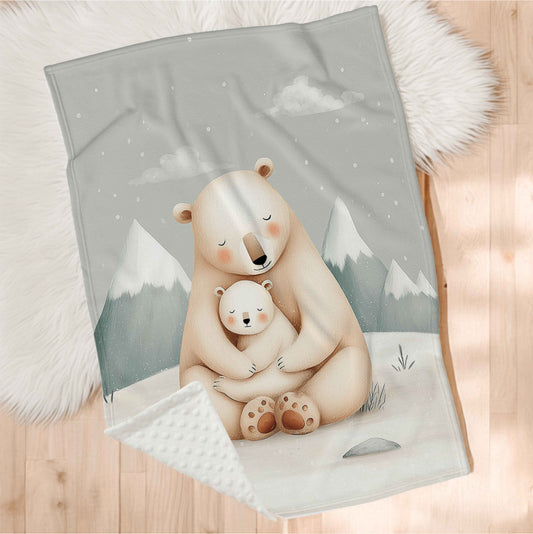 Couverture bébé avec motif ours polaire maman et bébé aquarelle, ambiance arctique douce, idéale pour la sieste et le sommeil.
