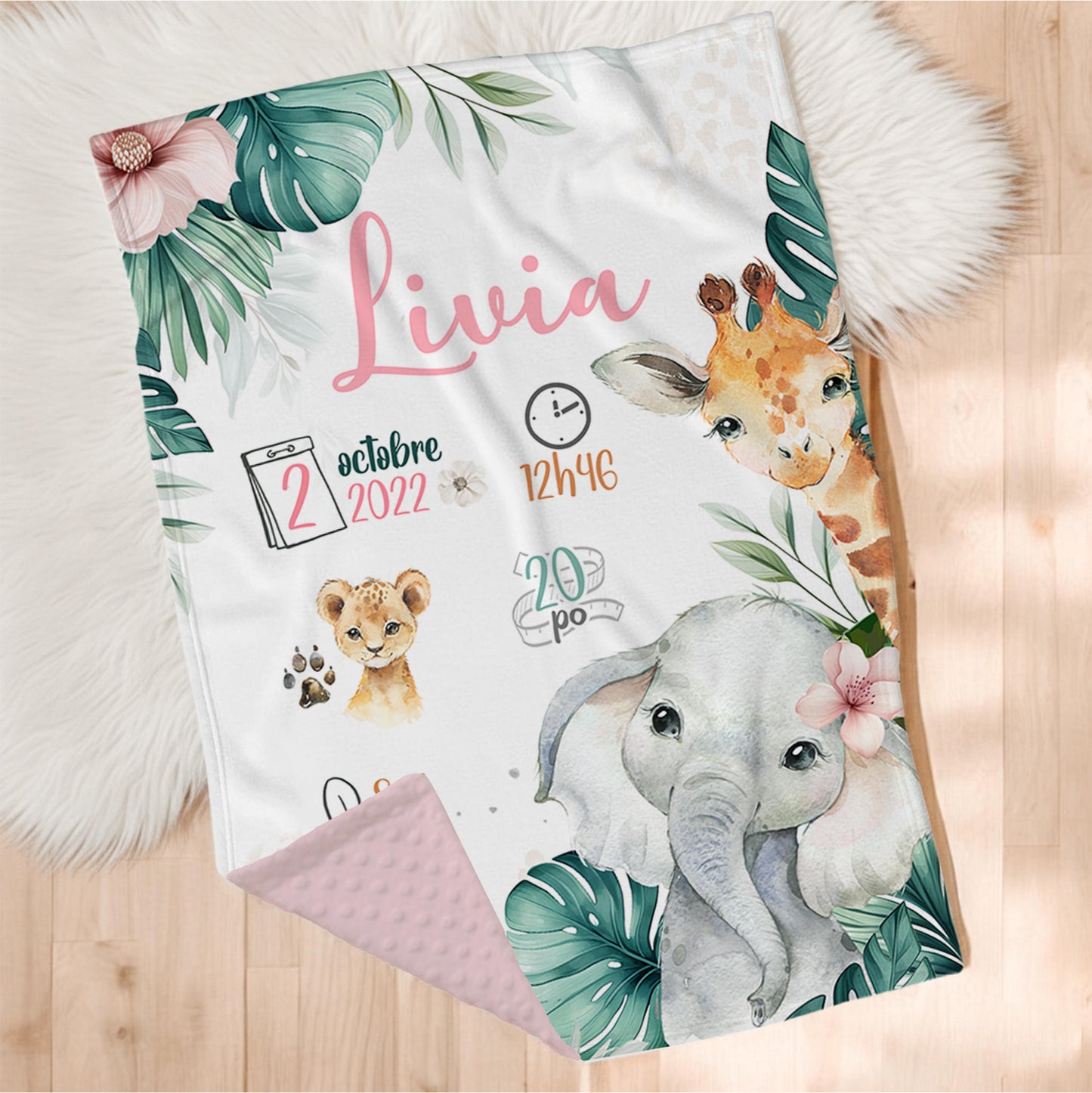 Couverture en minky personnalisée | Animaux de la Jungle Floral Safari
