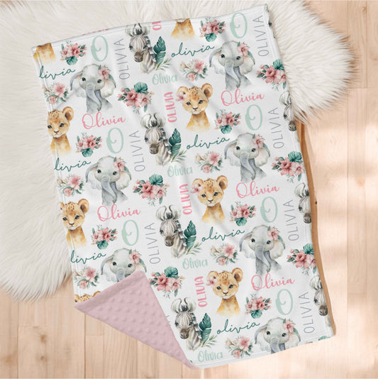 Couverture en minky personnalisée | Floral Safari prénom répétitif