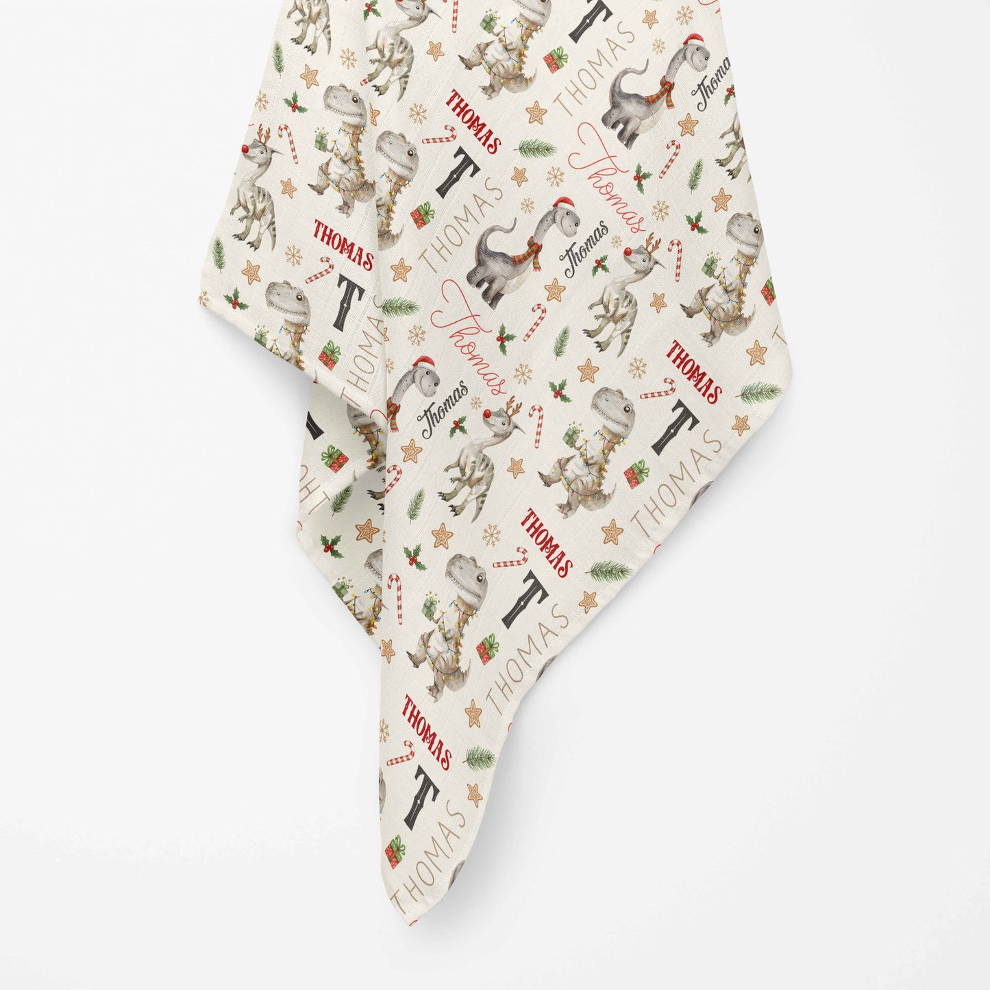 Couverture en mousseline de bambou | Dinosaures gris de Noël prénom répétitif