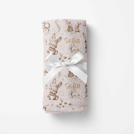 Couverture en mousseline de bambou | Daisy Bunny prénom répétitif