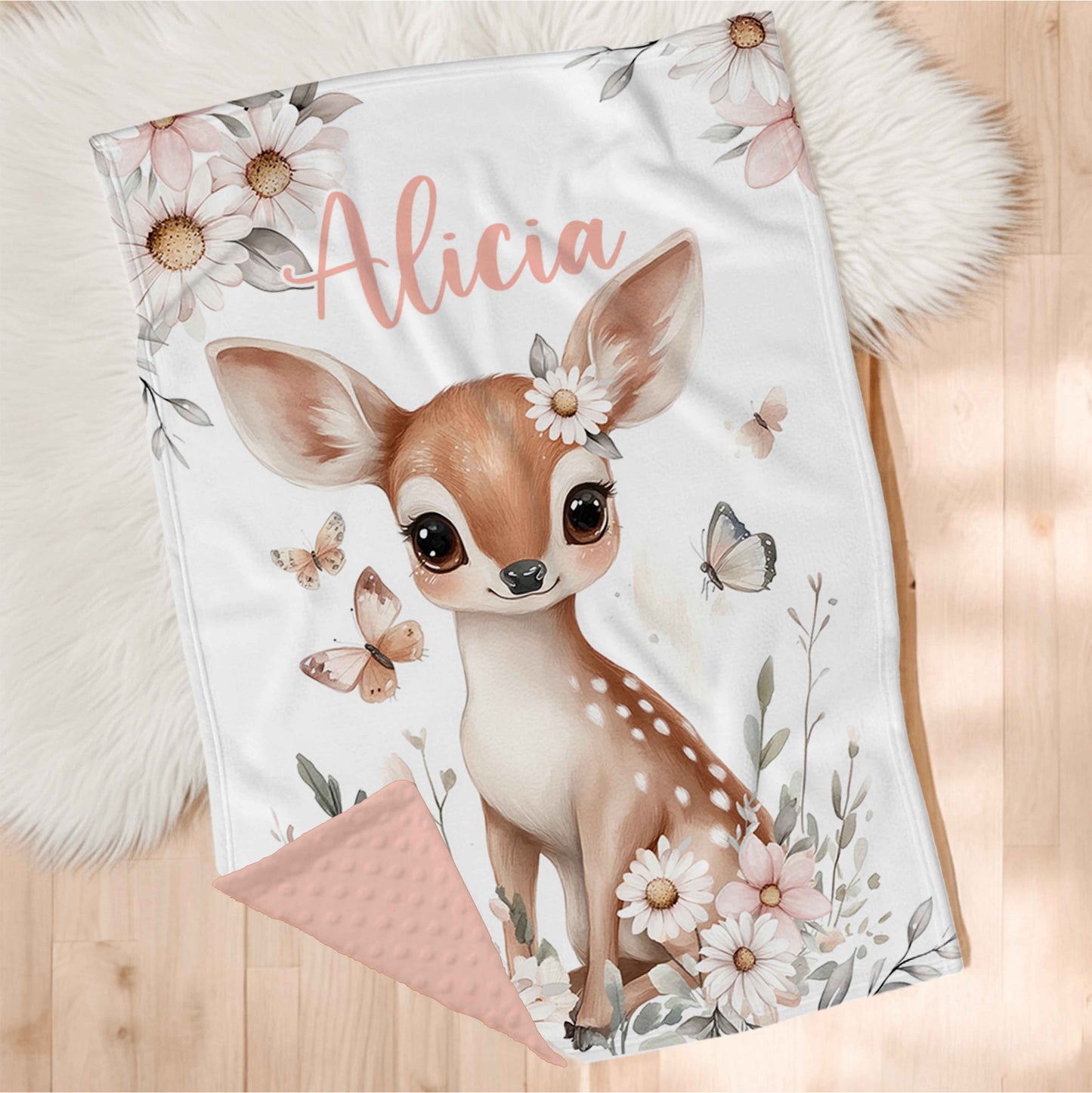 Couverture en minky personnalisée | Biche et papillons