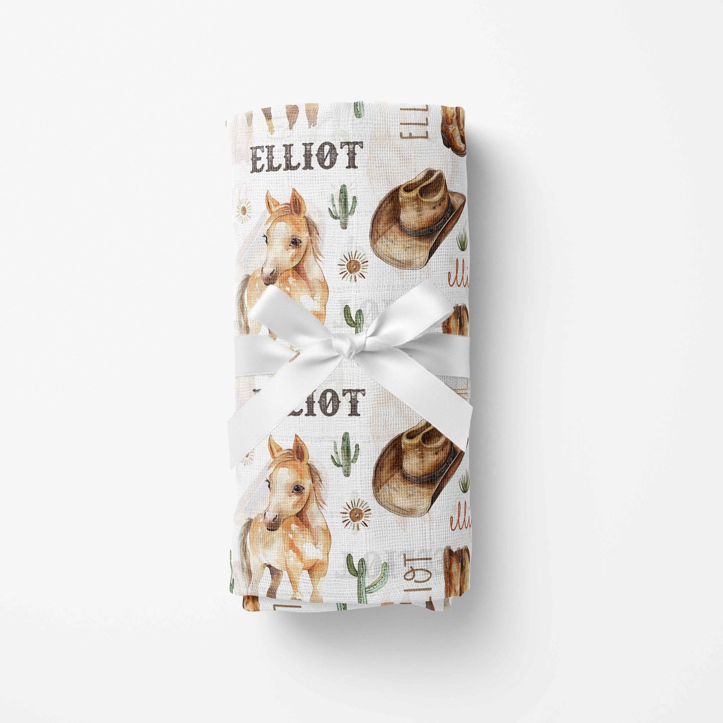 Couverture en mousseline de bambou | Country Cheval et cactus prénom répétitif