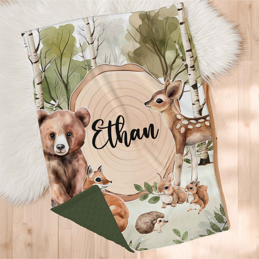 Couverture en minky personnalisée | Forêt Enchantée avec rondin et prénom