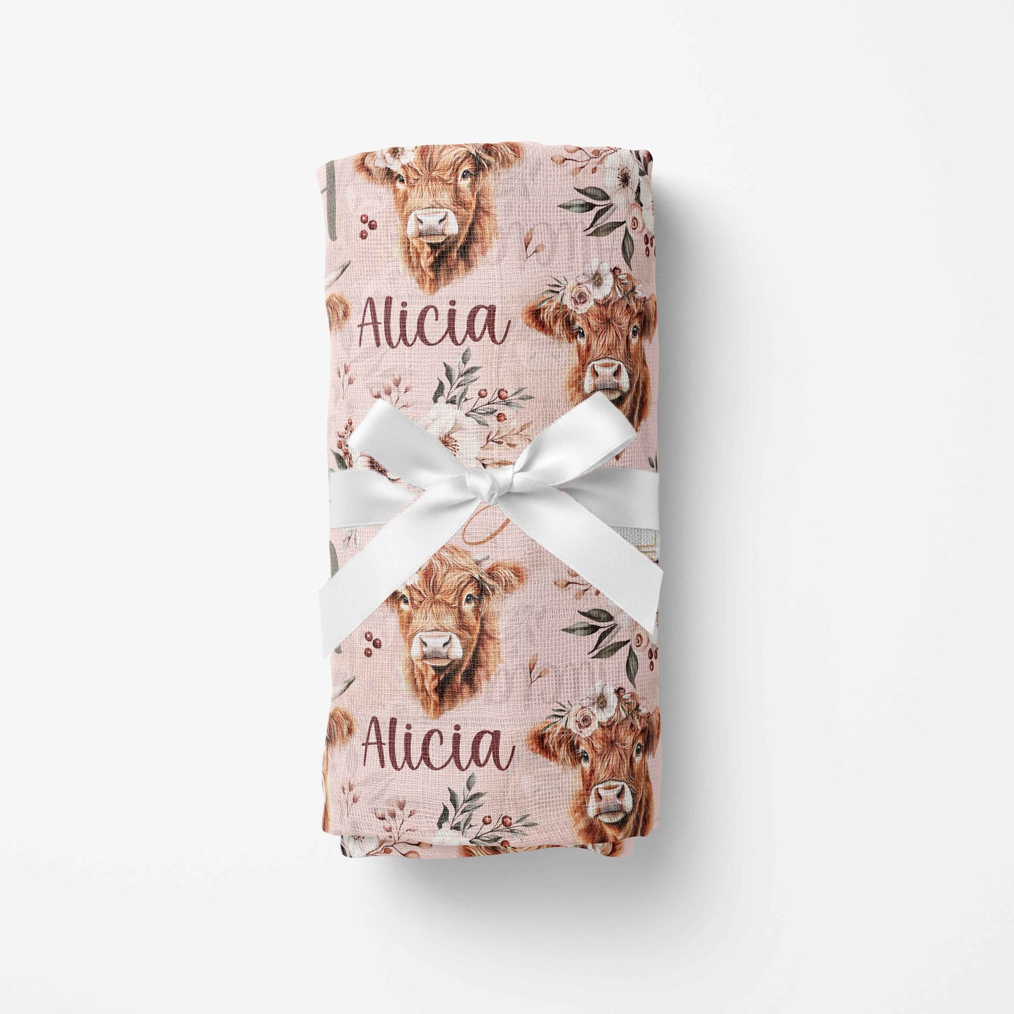 Couverture en mousseline de bambou | Vaches Mille et une fleurs prénom répétitif