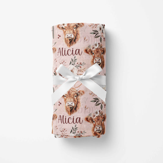 Couverture en mousseline de bambou | Vaches Mille et une fleurs prénom répétitif