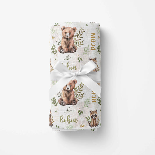 Couverture en mousseline de bambou | Ours et raton Forêt Enchantée avec prénom