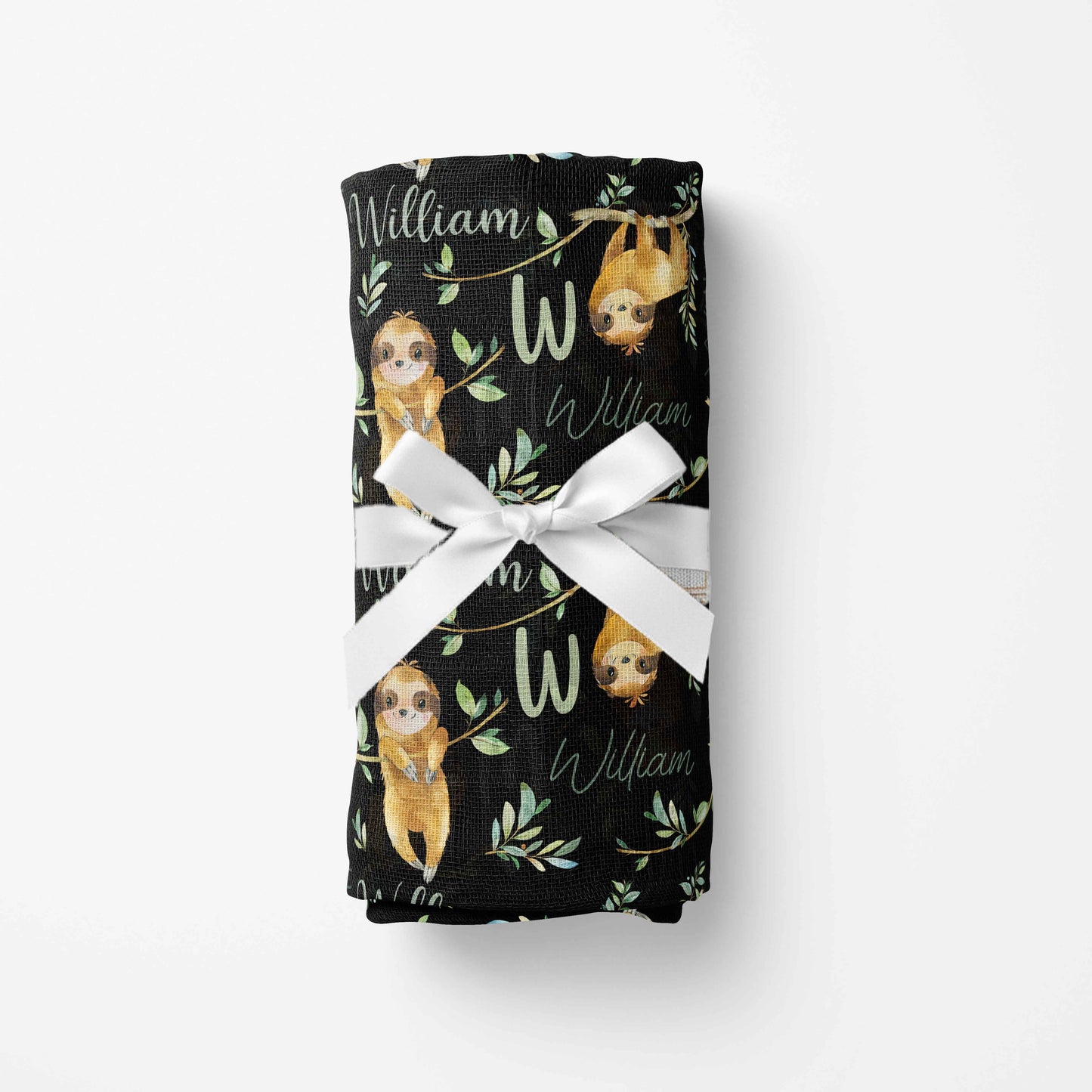Couverture en mousseline de bambou | Vigne paresseux prénom répétitif fond noir