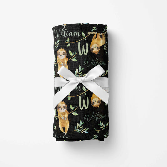 Couverture en mousseline de bambou | Vigne paresseux prénom répétitif fond noir