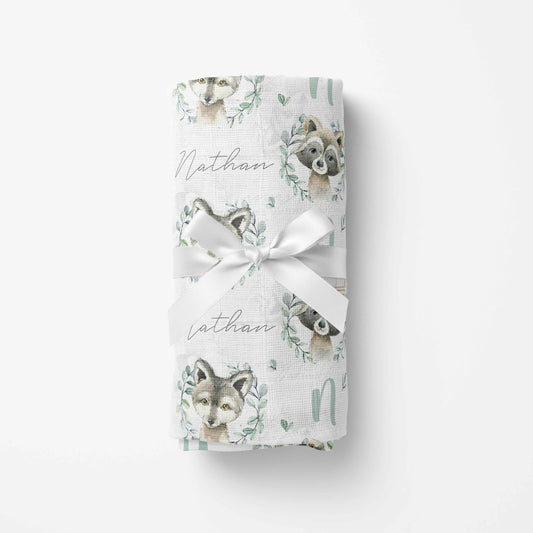 Couverture en mousseline de bambou | Loup raton eucalyptus prénom répétitif
