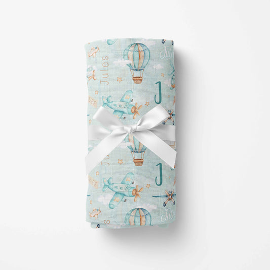 Couverture en mousseline de bambou | Aventures dans les airs prénom répétitif