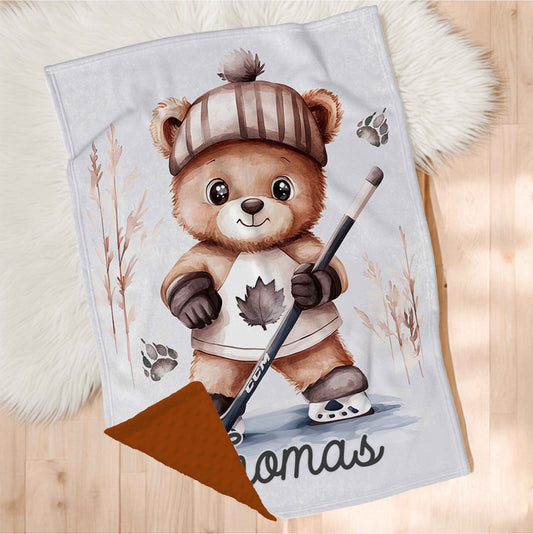 Couverture en minky personnalisée | Ourson Hockeyeur avec prénom