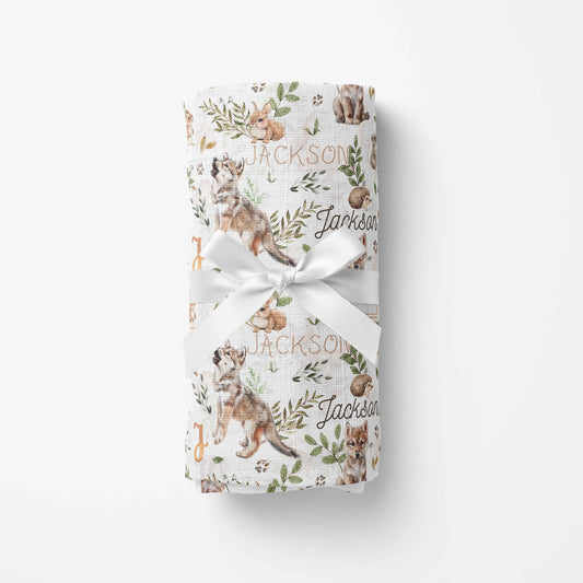 Couverture en mousseline de bambou | Loup de la forêt enchantée blanc prénom répétitif