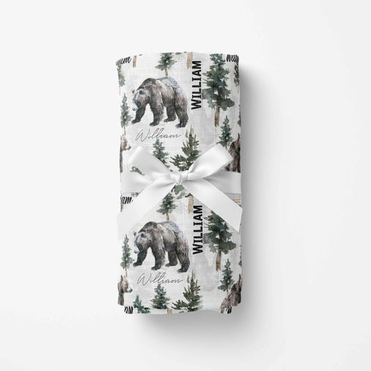 Couverture en mousseline de bambou | Ours aquarelle en forêt avec prénom