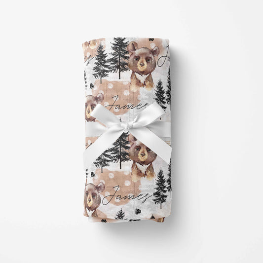 Couverture en mousseline de bambou | Sapins et ours brun prénom répétitif