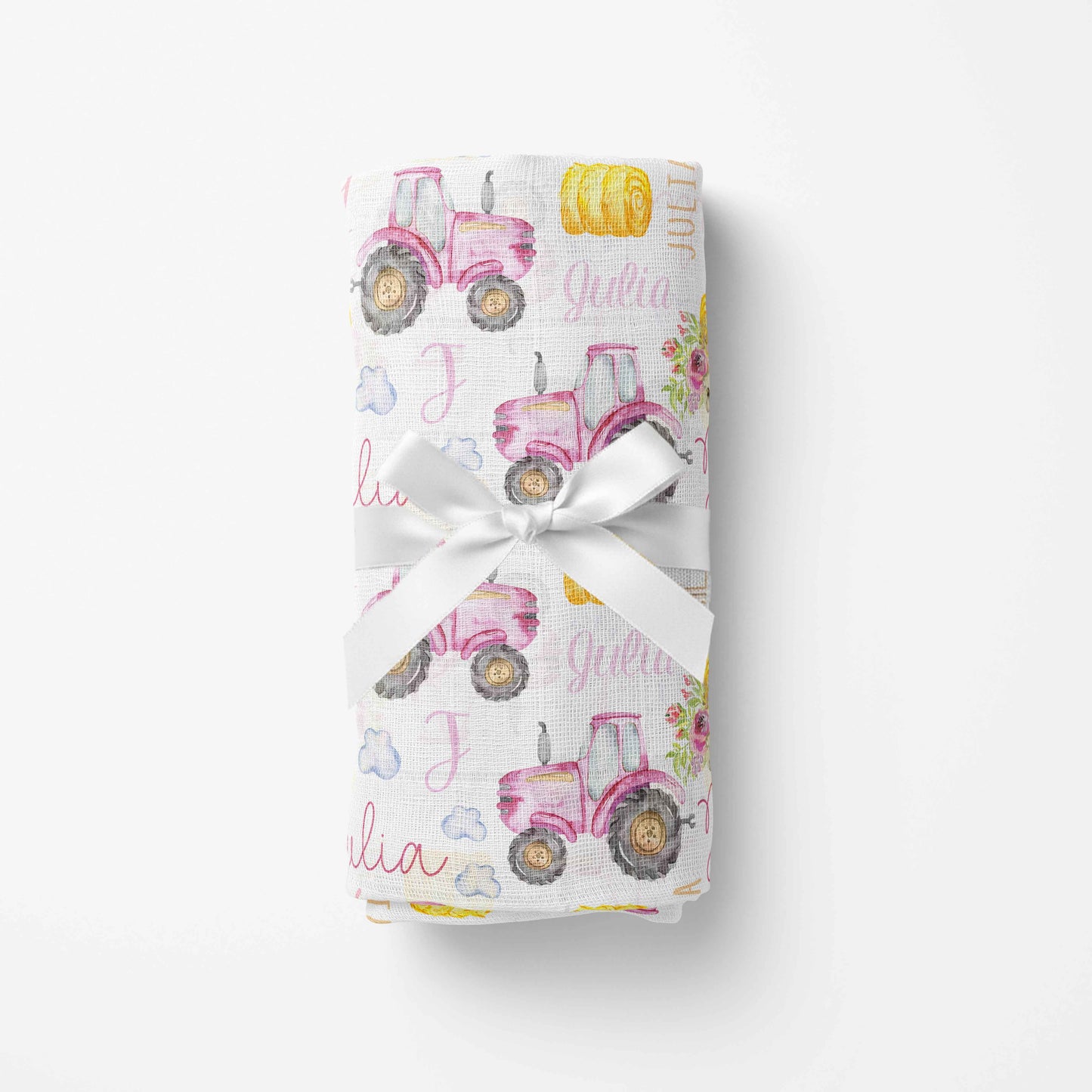 Couverture en mousseline de bambou | Tracteurs Roses prénom répétitif