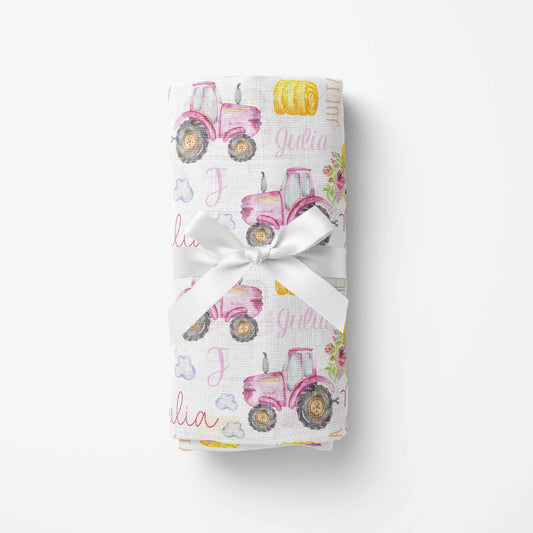 Couverture en mousseline de bambou | Tracteurs Roses prénom répétitif