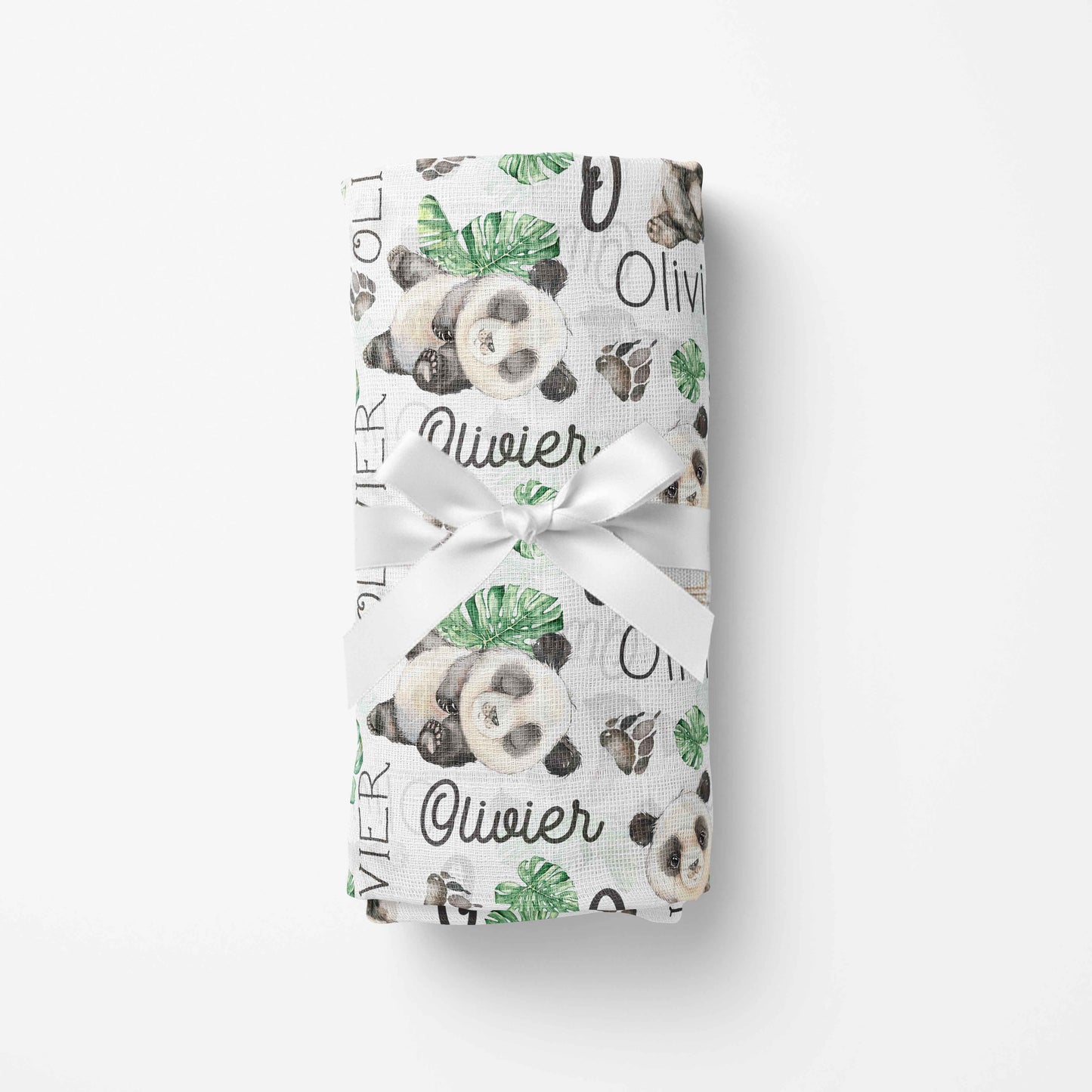 Couverture en mousseline de bambou | Panda et feuillage prénom répétitif