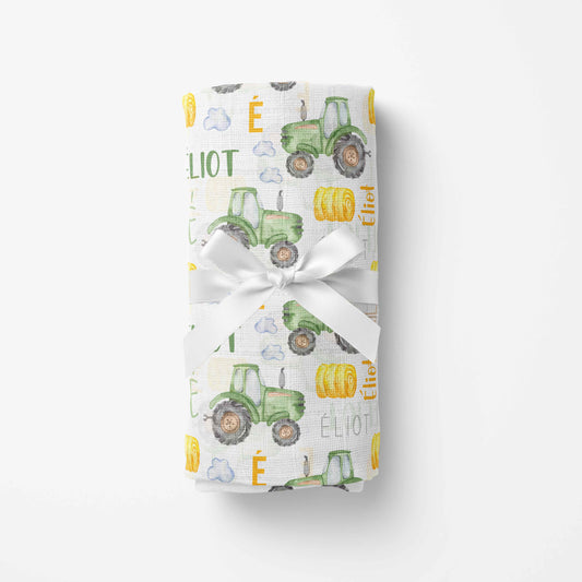 Couverture en mousseline de bambou | Tracteurs Verts prénom répétitif