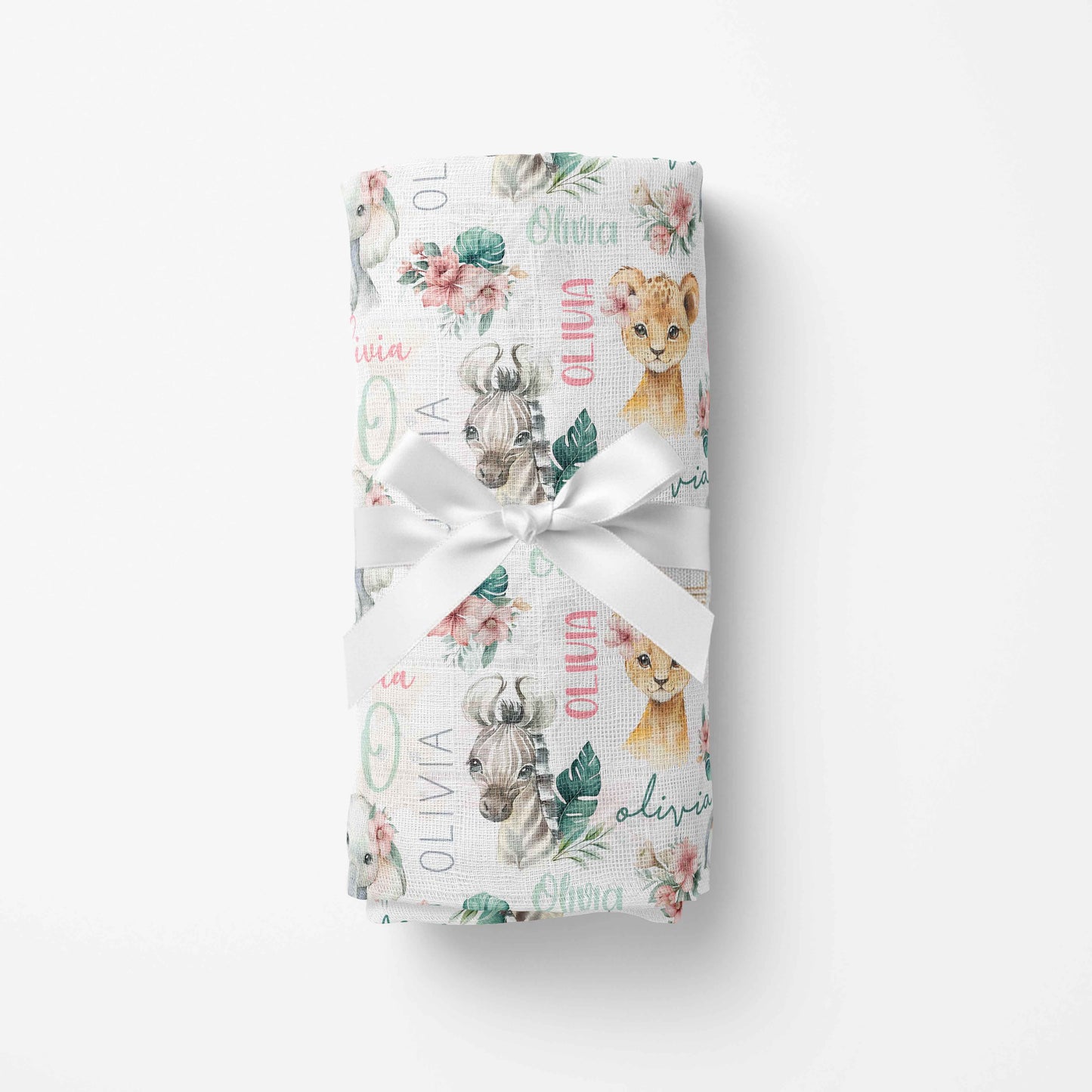 Couverture en mousseline de bambou | Floral Safari prénom répétitif
