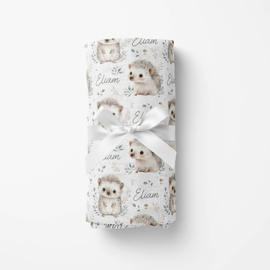 Couverture en mousseline de bambou | Hérisson feuillus prénom répétitif