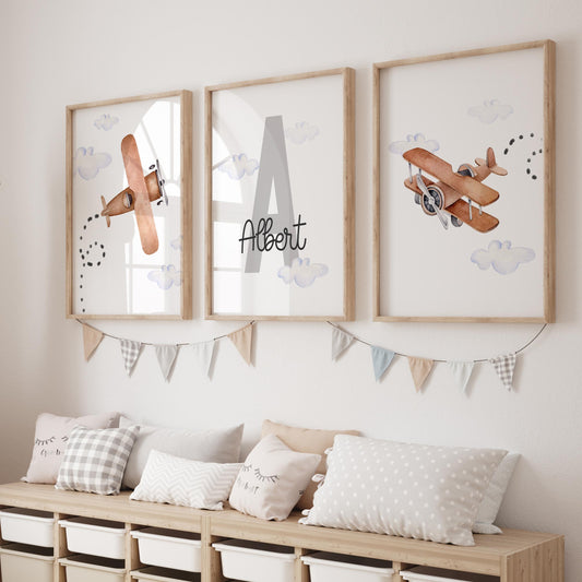 Ensemble de trois affiches numériques personnalisées | Aéroport avec prénom