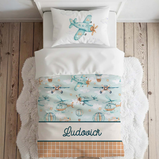 Literie pour lit simple | Aventures dans les airs prénom en bandes