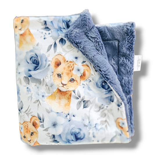 Doudou en minky | Lion fleurs bleues