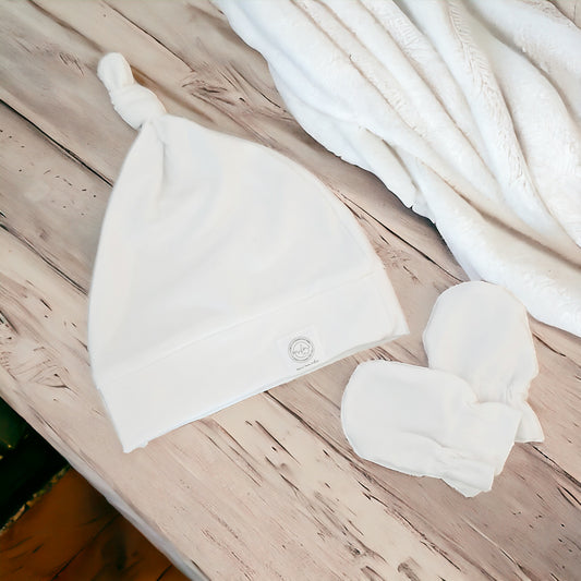 Ensemble tuque et mitaines pour nouveau-né | Blanc uni