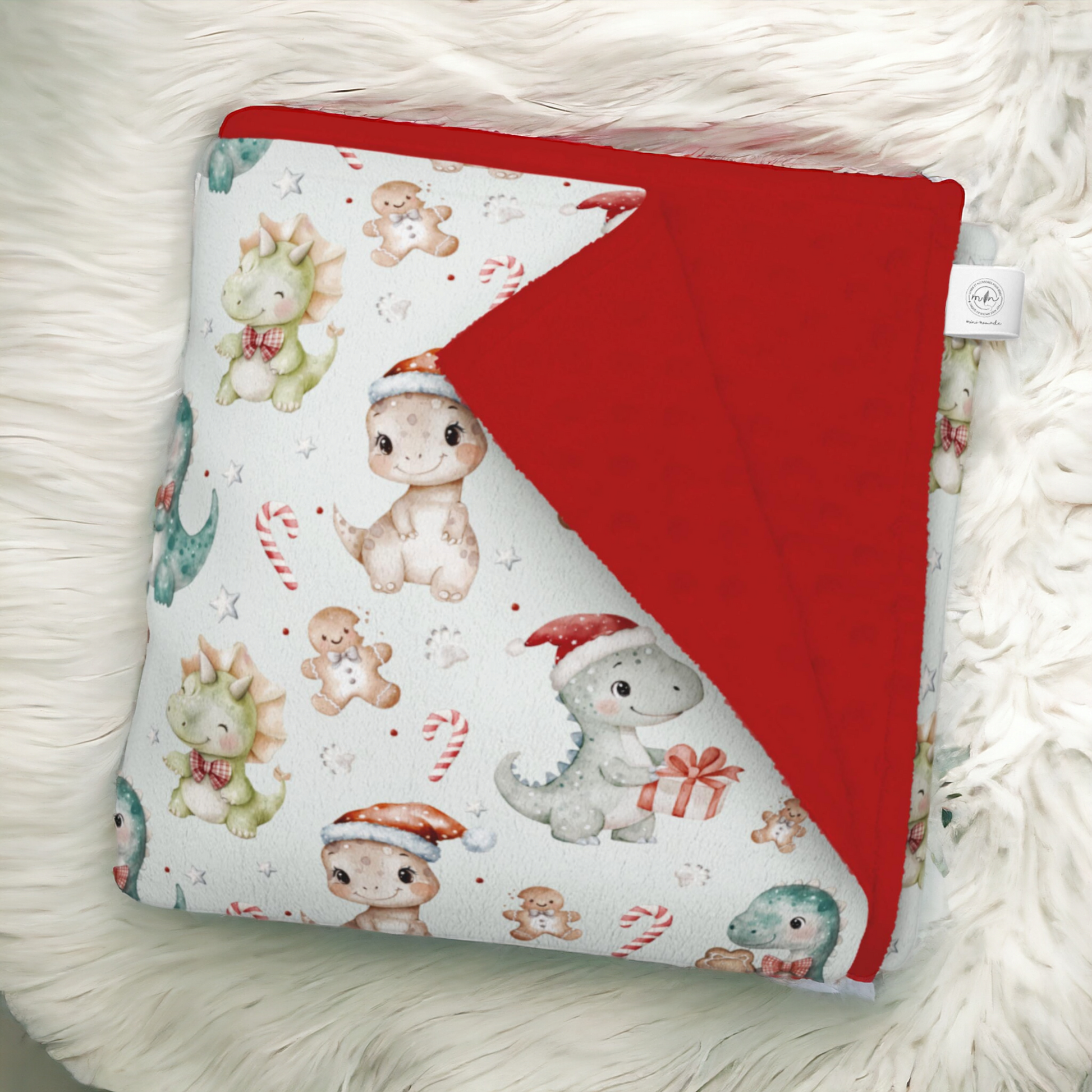 Couverture doudou pour bébé motif dinosaures de Noël aquarelle, réversible avec côté minky rouge, modèle festif et mignon pour enfants, personnalisée pour bébé premier Noël