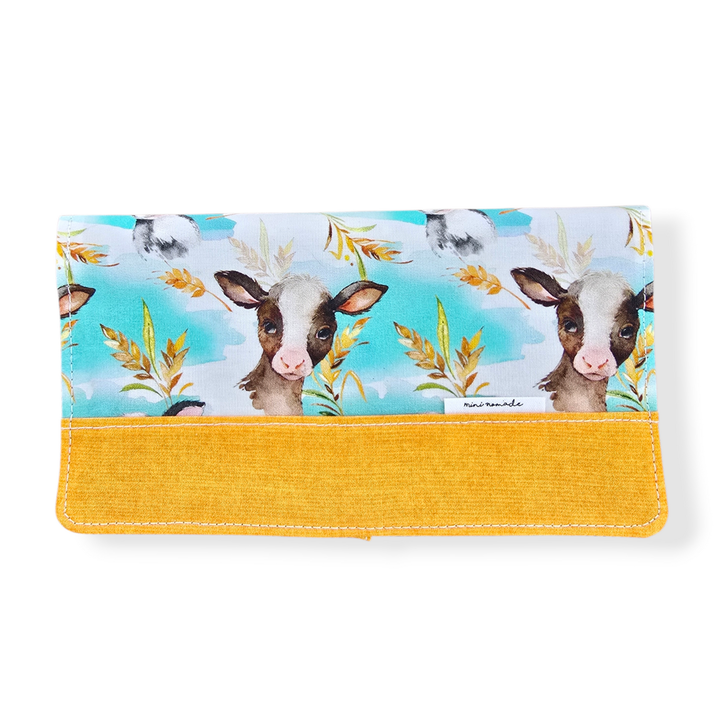 Protège-carnet de santé bébé motif veau aquarelle, tissu turquoise et jaune moutarde, fait main au Québec, carte hopital bébé carnet de santé
