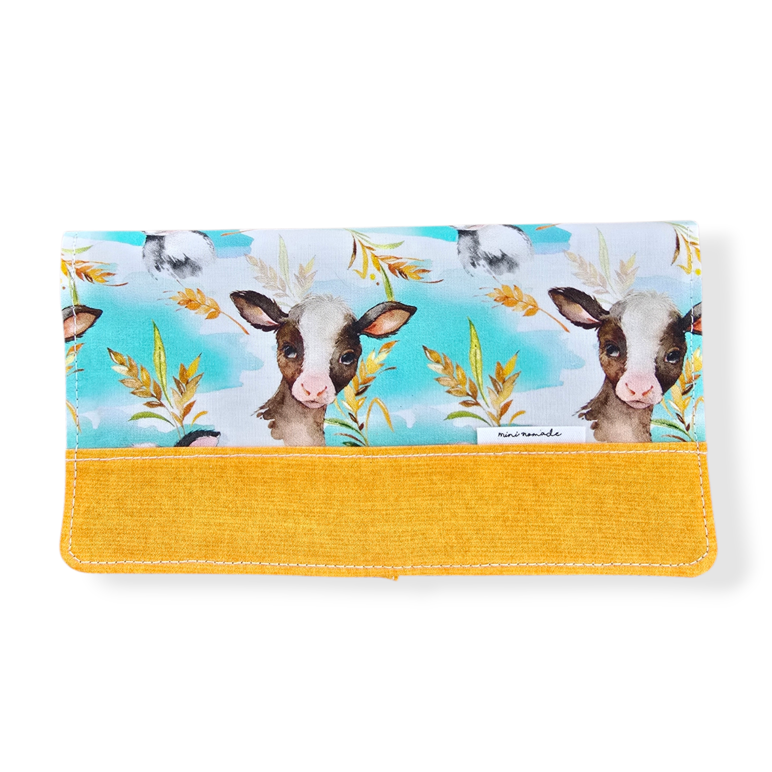 Protège-carnet de santé bébé motif veau aquarelle, tissu turquoise et jaune moutarde, fait main au Québec, carte hopital bébé carnet de santé