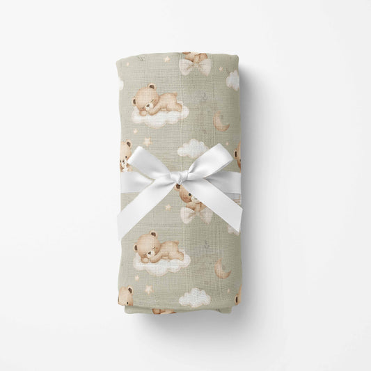 Couverture en mousseline de bambou | Rêve d'ourson sauge