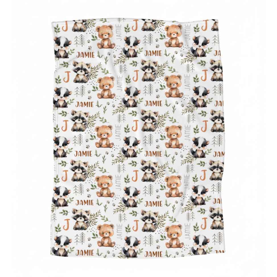 Couverture en minky personnalisée | Ours moufette et raton prénom répétitif