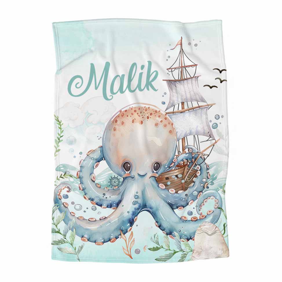 Couverture en minky personnalisée | Pieuvre et Voilier avec prénom
