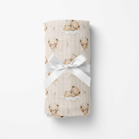Couverture en mousseline de bambou | Rêve d'ourson ligné fleuri