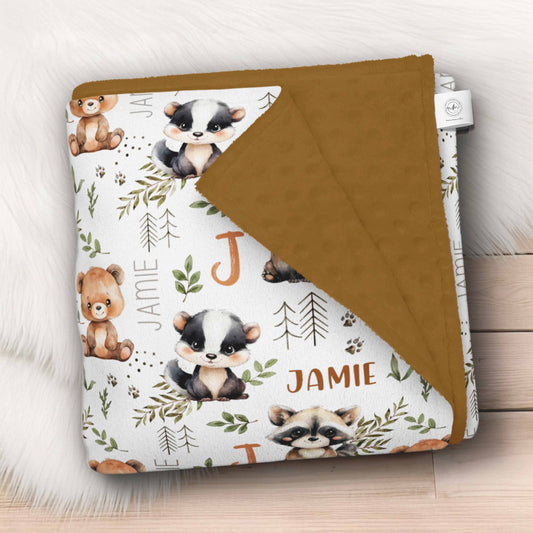 Couverture en minky personnalisée | Ours moufette et raton prénom répétitif