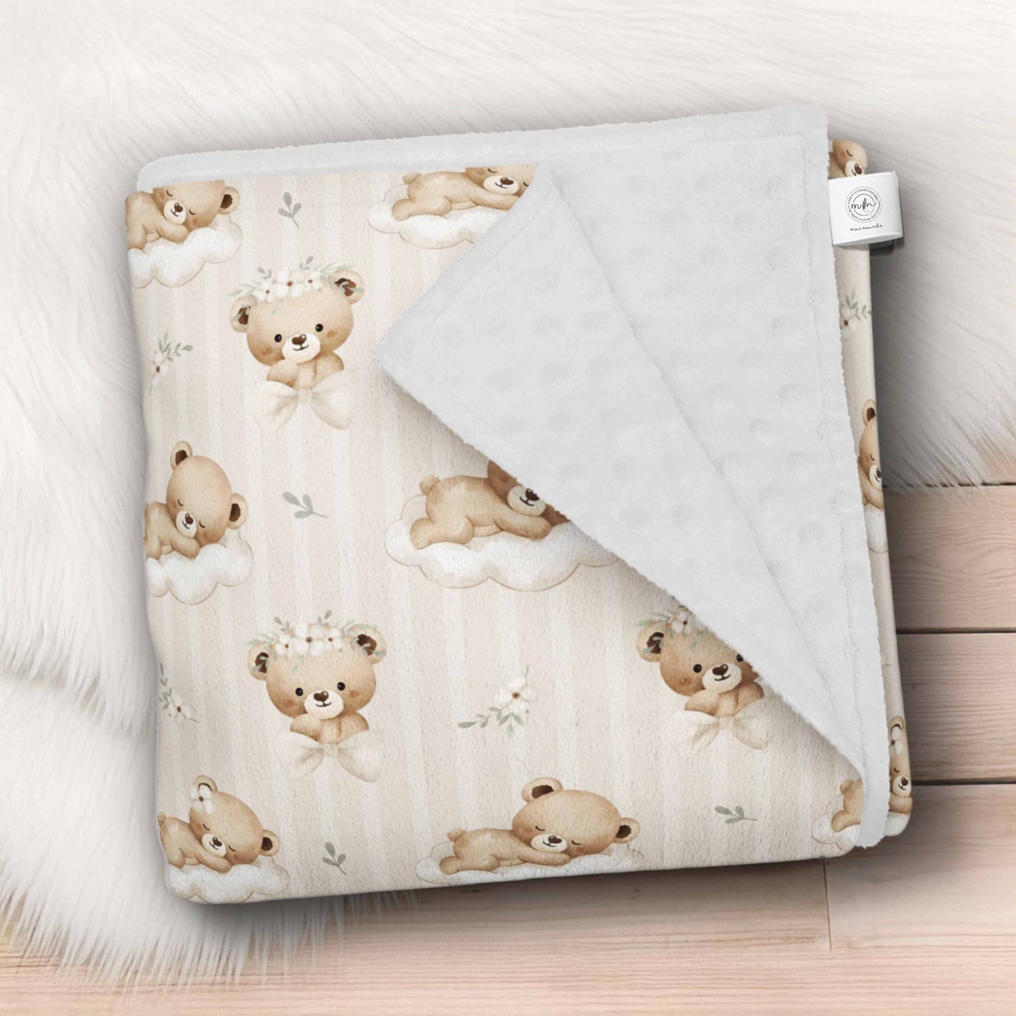 Couverture en minky | Rêve d'ourson ligné fleuri