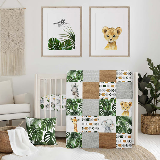Ensemble de literie pour bassinette en minky | Safari Jungle Animaux de la jungle Patchwork