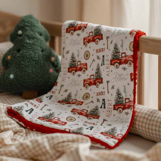 Doudou en minky | Camions rouges et sapins prénom répétitif