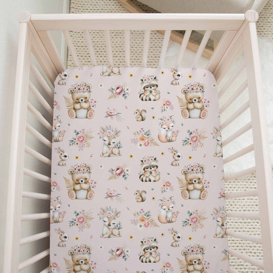 Drap contour pour bassinette | Douce Forêt fond rose