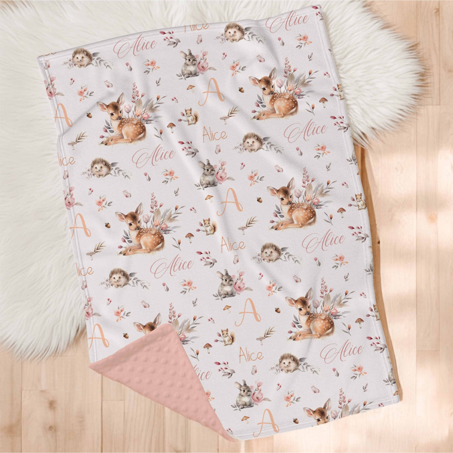Couverture en minky personnalisée | Forêt Rosée prénom répétitif