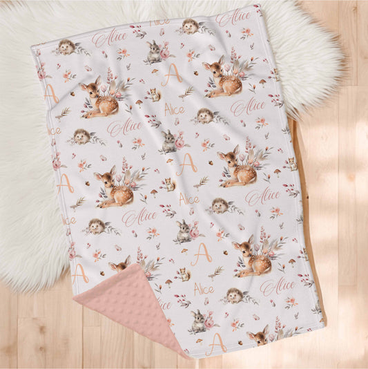 Couverture en minky personnalisée | Forêt Rosée prénom répétitif