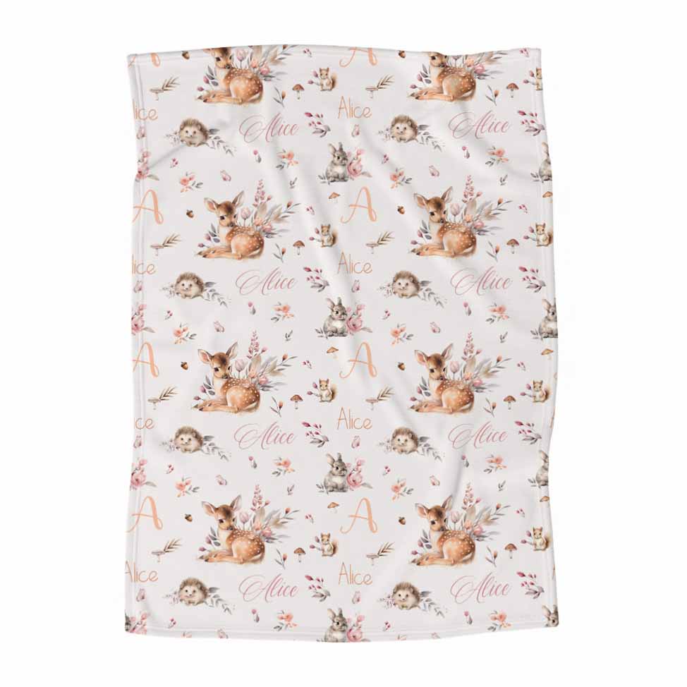 Couverture en minky personnalisée | Forêt Rosée prénom répétitif