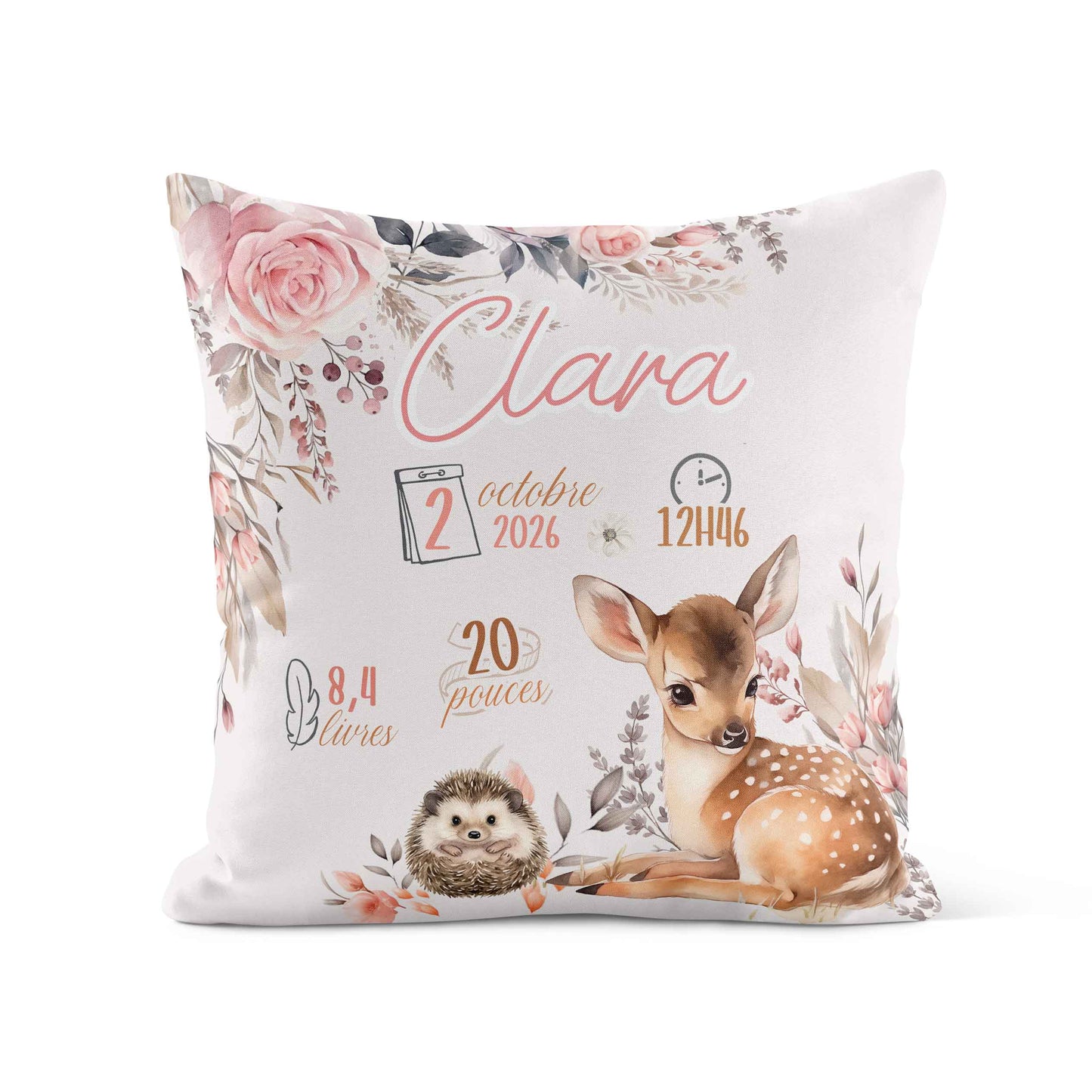 Housse de coussin personnalisée | Forêt rosée avec infos de naissance