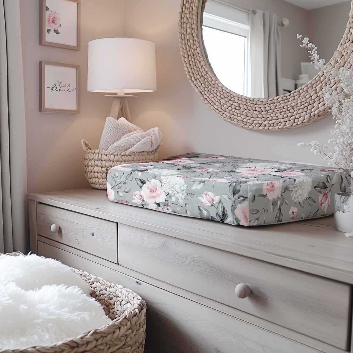 Housse pour matelas à langer | Fleurs grises