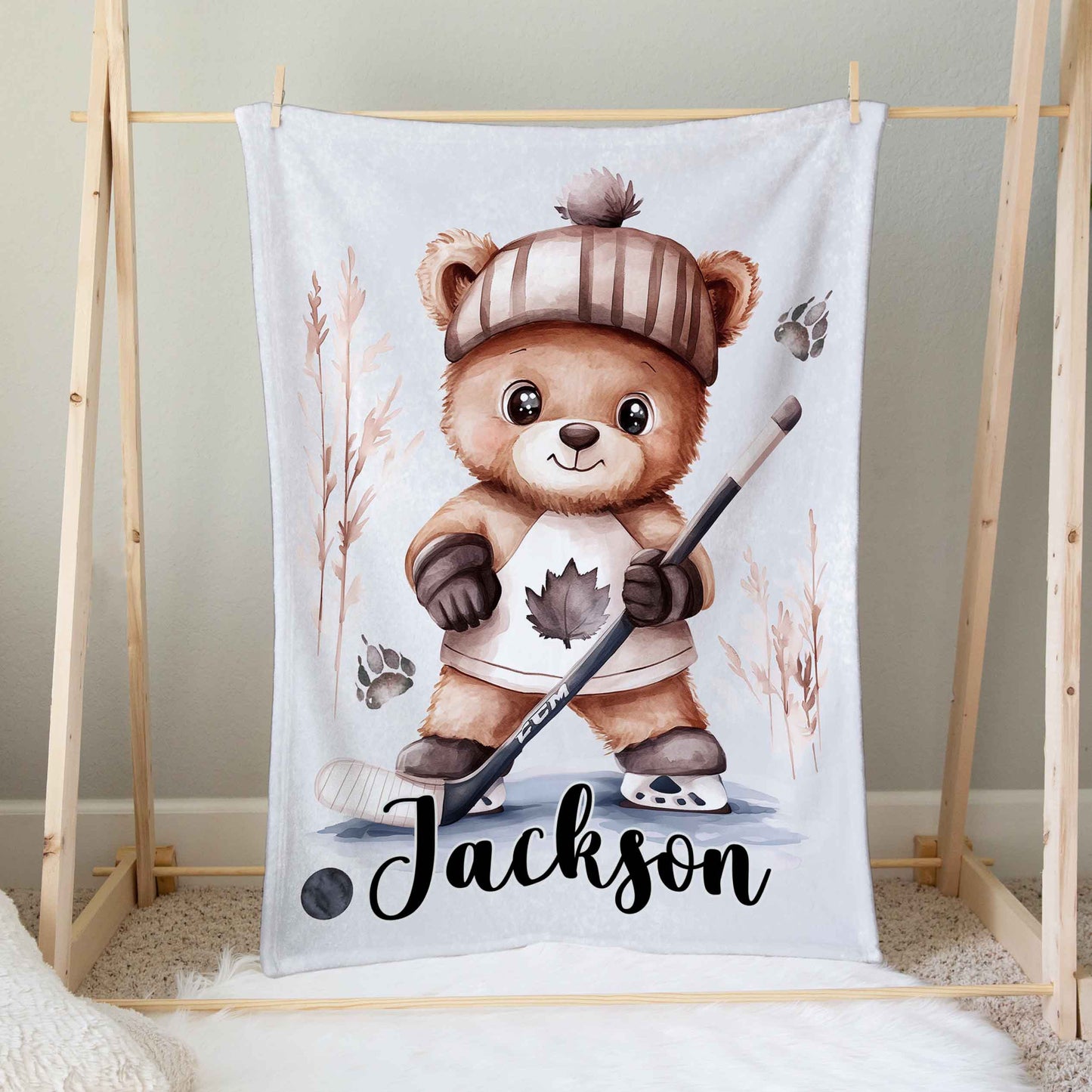 Doudou en minky personnalisée | Ourson Hockeyeur Beige